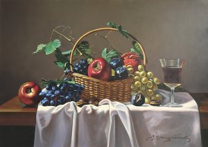 Νίκος Βλαχογιάννης: Νεκρή Φύση με Καλάθι με Φρούτα